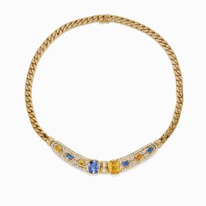 Collana in oro 18k, diamanti e zaffiri
