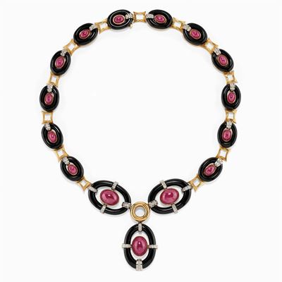 Collana in Oro Bicolore 18k, Diamanti, Onice e Rubini