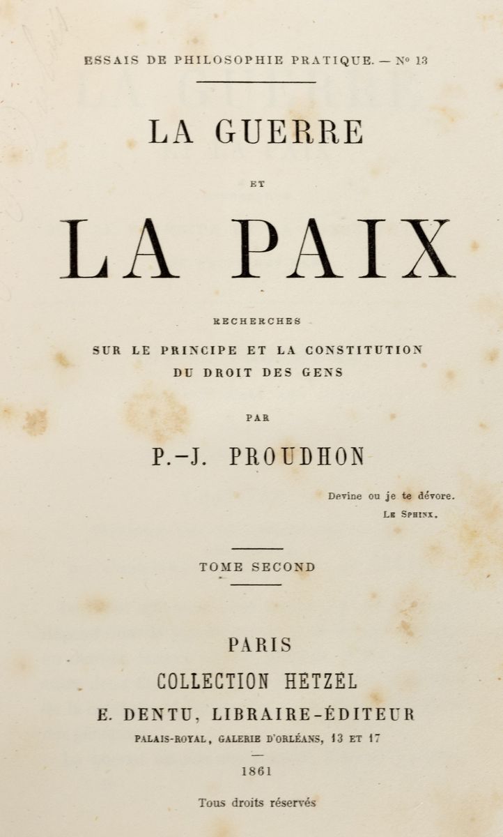 Pierre-joseph Proudhon - La guerre et la paix, Prima edizione, 1861