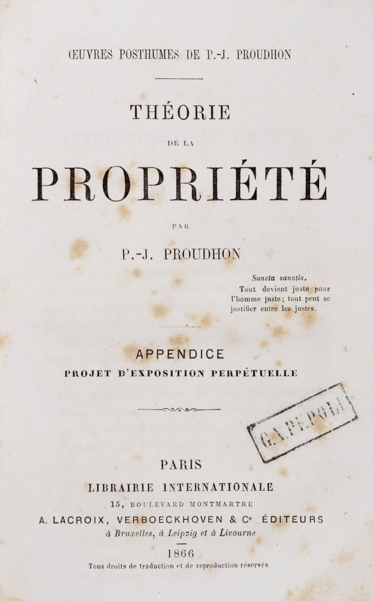 Pierre-joseph Proudhon - Théorie de la Propriété, Prima edizione