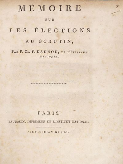 Pierre-Claude-François Daunou, Mémoire sur les élections au scrutin, Prima edizione del 1803