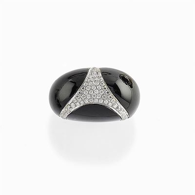 Anello in Oro Bianco 18k, Onice e Diamanti