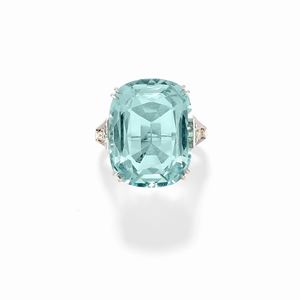  - Anello in platino, acquamarina e diamanti