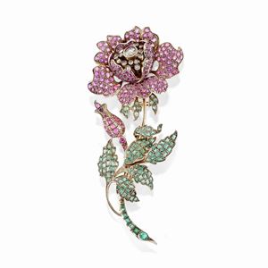 A silver, gold, diamond, Burma pink sapphire and emerald brooch,