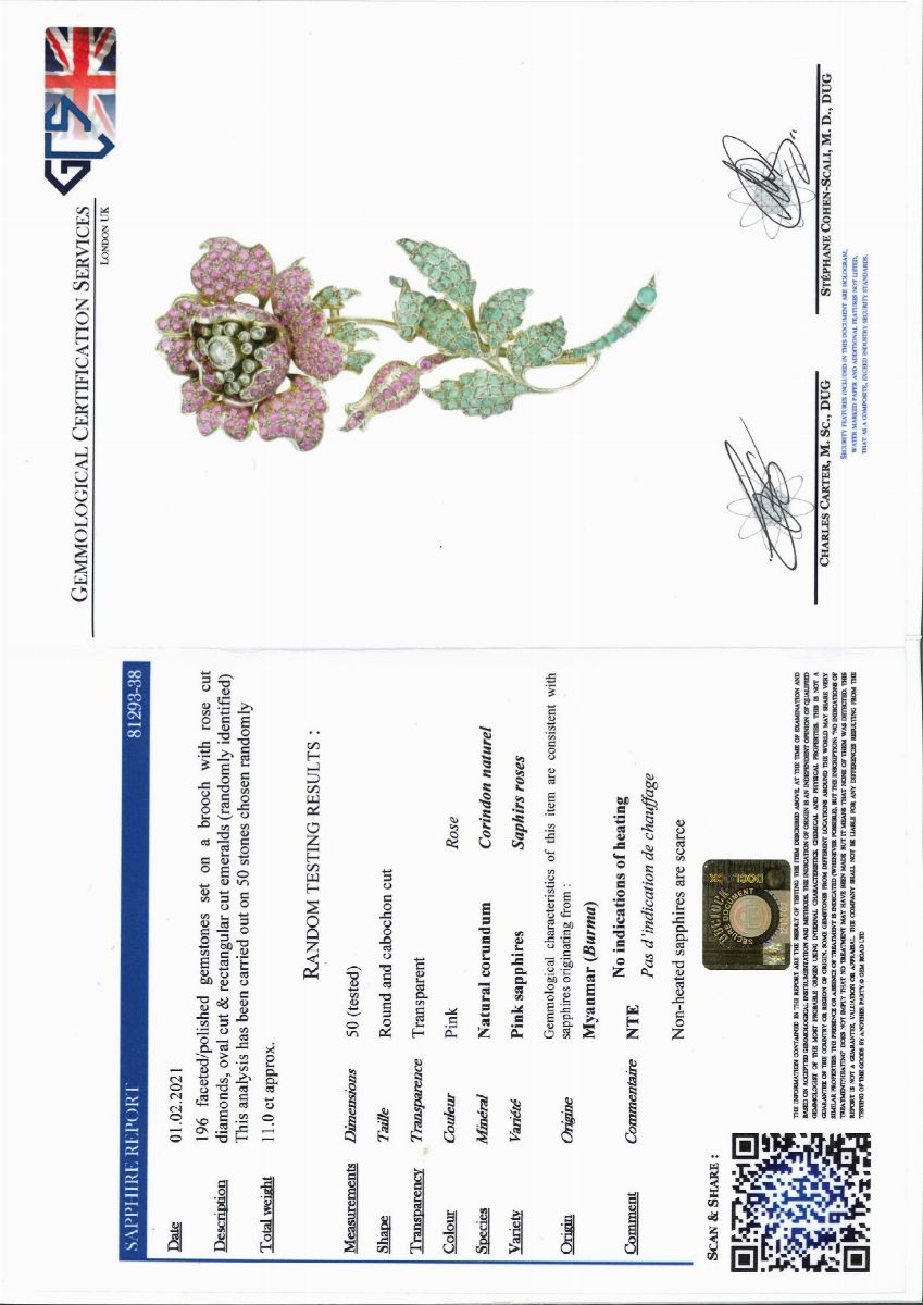 Spilla in Argento, Oro, Diamanti, Zaffiri Rosa Burma e Smeraldi