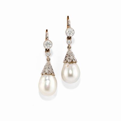 Orecchini in Platino, Oro Giallo 18k, Diamanti e Perle, 1920 Circa