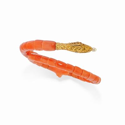 Bracciale in Oro Giallo 18k, Corallo, Perla Coltivata e Pietre Sintetiche