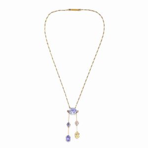 A 18k yellow gold, Ceylon sapphire and diamond necklace, Russia, early 20th century, with certificate