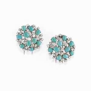 Coppia di spille in oro bianco 18k, turchesi e diamanti