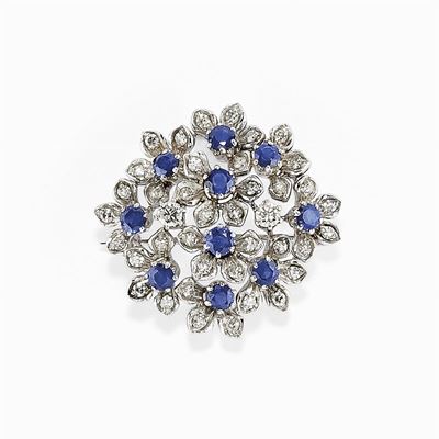 Spilla in Oro Bianco 18k, Zaffiri e Diamanti