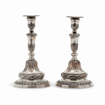 Coppia di candelieri in argento, Genova, fine XVIII - inizio XIX secolo