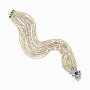 Bracciale in oro bianco 18k, zaffiro, perle coltivate e diamanti
