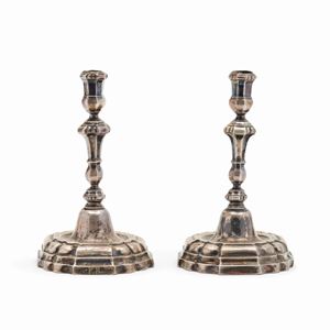  - Two silver candlesticks, Spain, middle of 18th Century, defects