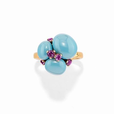 Anello in Oro Giallo 18k, Ceramica e Ametiste