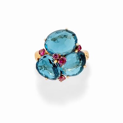 Anello in Oro Giallo 18k, Topazi e Rubini