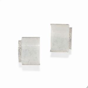 A 18k white gold, diamond and white jade earrings