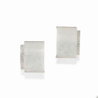 Orecchini in Oro Bianco 18k, Diamanti e Giada Bianca