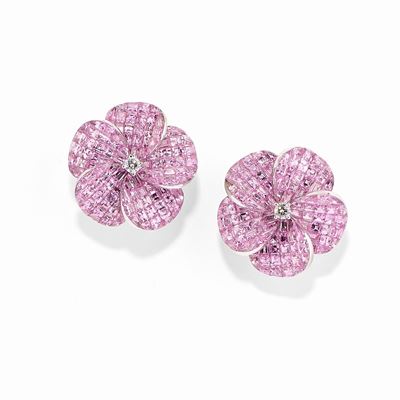 Orecchini in Oro Bianco 18k, Zaffiri Rosa e Diamanti