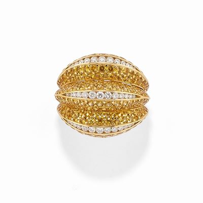 Anello in Oro Giallo 18k, Zaffiri Gialli e Diamanti