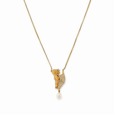Collana in Oro Giallo 18k, Diamanti e Perla Coltivata