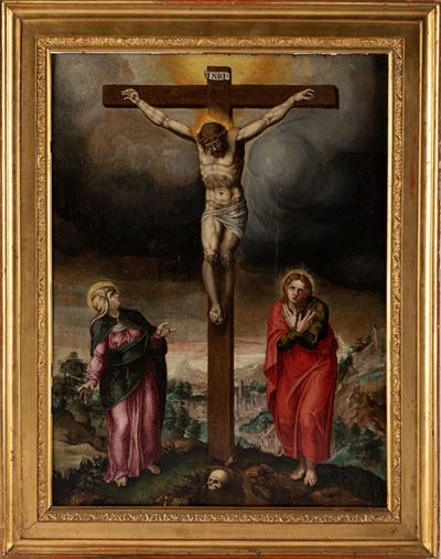 Giovanni Stradano, La crocifissione con San Giovanni e la Vergine, olio su tavola