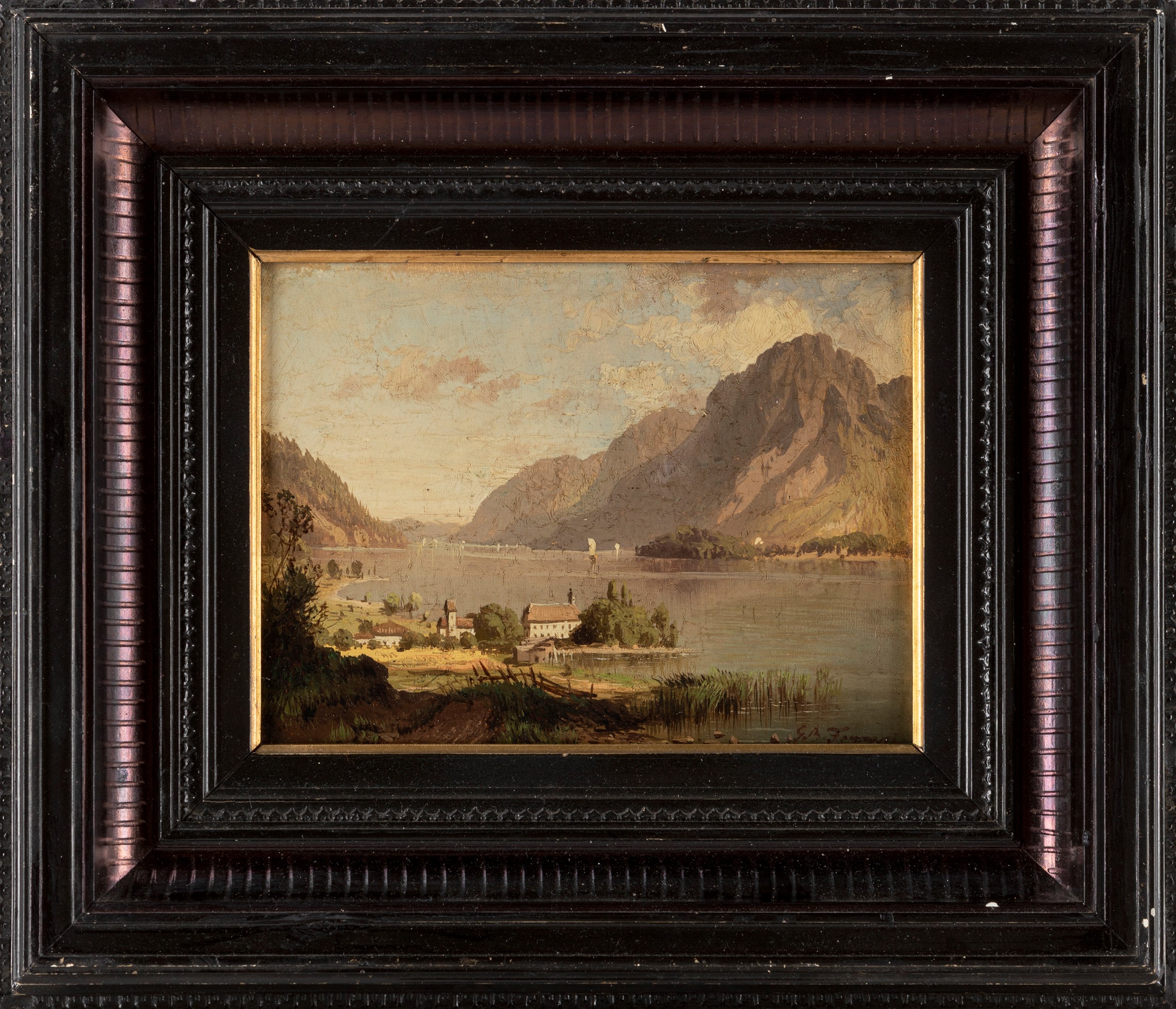 Giovanni Battista Ferrari - Scorcio del lago di Lugano, olio su cartone