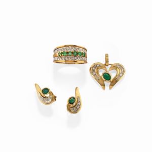 A 18k two-color gold, green stone and diamond lot of jewels