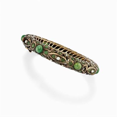 Bracciale in Argento, Oro, Smeraldi e Perle