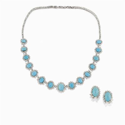 Demi Parure in Oro Bianco 18k, Turchesi e Diamanti