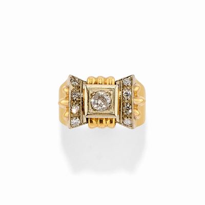 Anello Bicolore 18k e Diamanti, 1940 Circa