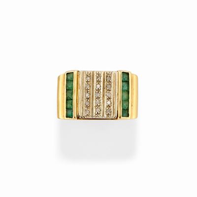 Anello in Oro Giallo 18k, Smeraldi e Diamanti