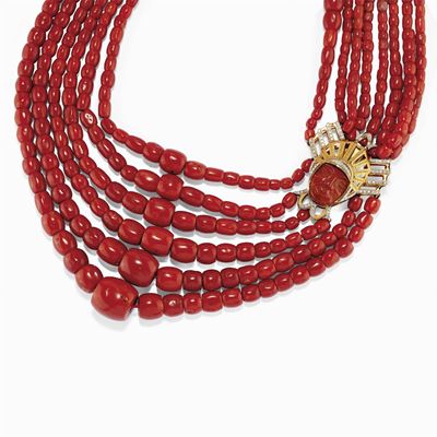 Collana in Oro Bicolore 18k, Corallo Rosso e Diamanti