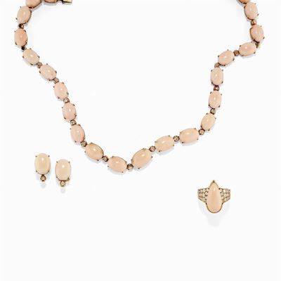 Demi Parure in Oro 18k, Corallo Rosa e Diamanti