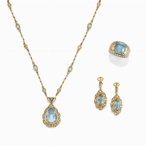 Demi parure in oro 18k, acquamarine e diamanti