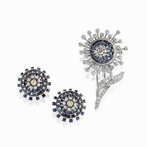  - Demi parure in oro bianco 18k, platino, zaffiri e diamanti