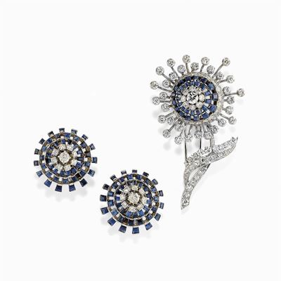 Demi Parure in Oro Bianco 18k, Platino, Zaffiri e Diamanti