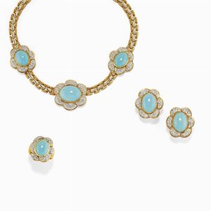  - Demi parure in oro bicolore 18k, turchesi e diamanti