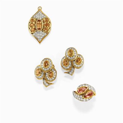Demi Parure in Oro Bicolore 18k, Quarzi Gialli, Tormaline Rosa e Diamanti