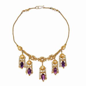 A 18k and 22k yellow gold, cultured pearl and amethyst necklace