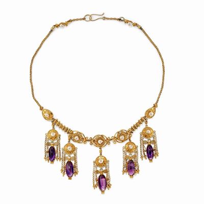 Collana in Oro Giallo 18k e 22k, Perle ed Ametiste