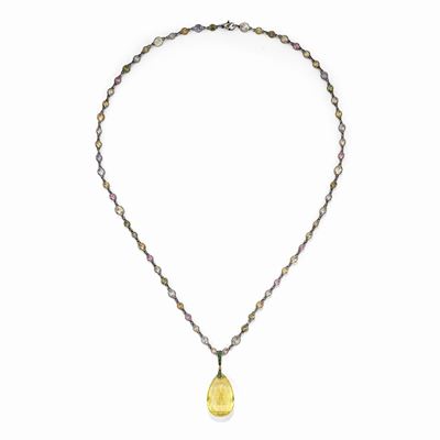 Collana in Oro Bianco Brunito e Giallo 18k, Zaffiri, Quarzo Citrino e Tsavoriti