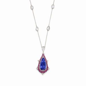 A platinum, tanzanite, diamond and sapphire necklace
