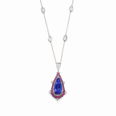 Collana in Platino, Tanzanite, Diamanti e Zaffiri