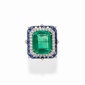 A 18k white gold, emerald, diamond and sapphire ring, with certificate