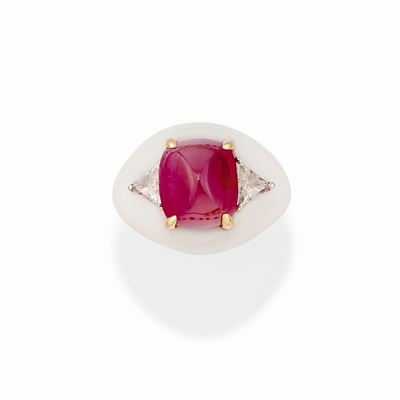 Anello in Oro Bicolore 18k, Rubino Burma, Diamanti e Ceramica