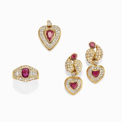 Demi Parure in Oro Bicolore 18k, Diamanti e Rubini