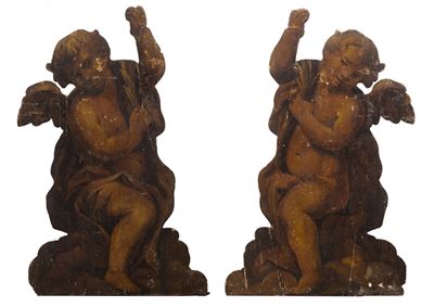 Coppia di Antiche Sculture Lignee Policrome Raffiguranti Angeli