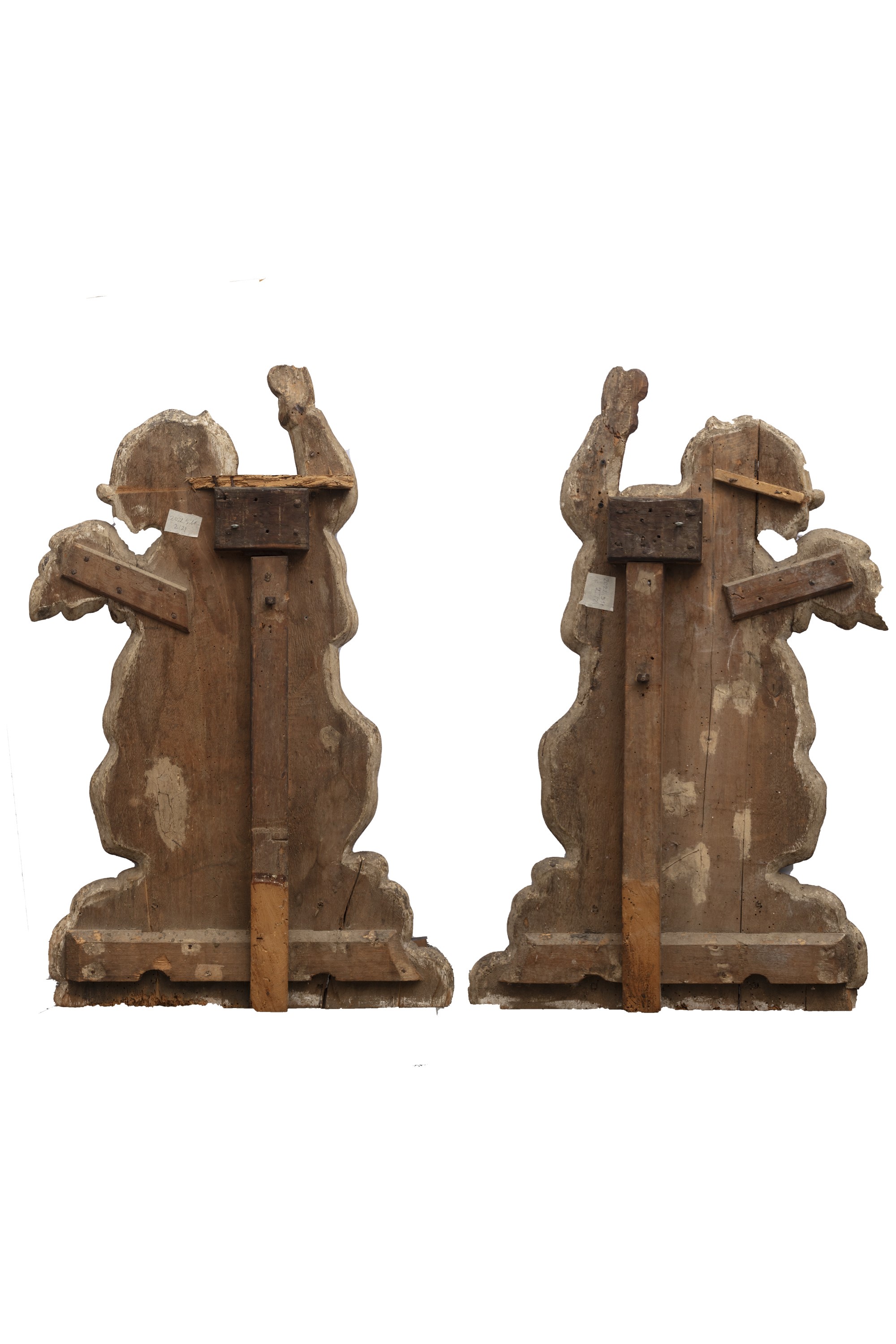 Coppia di Antiche Sculture Lignee Policrome Raffiguranti Angeli