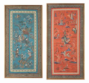 Due pannelli in seta. Cina, fine dinastia Qing