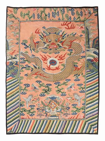 Pannello in seta ricamata, motivo drago, Cina, secolo XIX
